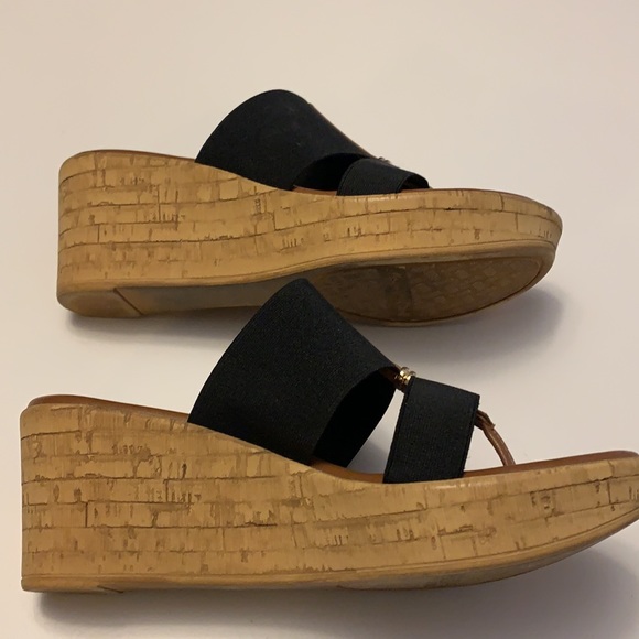 Italian Shoemakers Cork platform slip ons. Black and Tan with Gold accent. - Picture 3 of 5